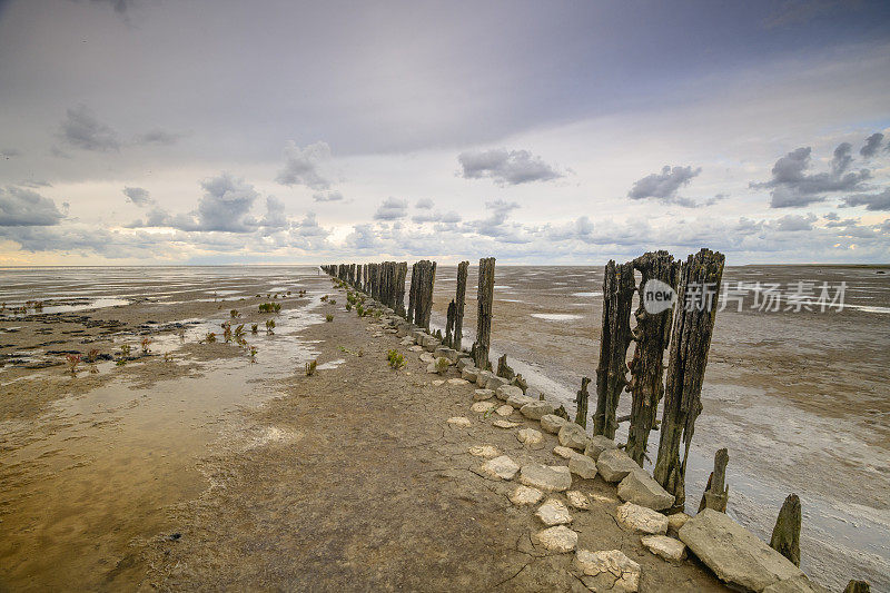 在荷兰北部的瓦登海自然保护区“de Wadden”中，古老的土地开垦柱在空旷的景观中排成一排